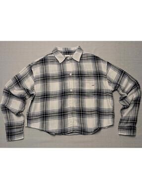 Victoria Secret Pink Black Gray Plaid Cropped Flannel Shirt XS